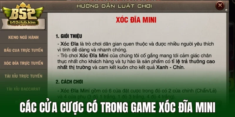 Các cửa cược có trong game xóc đĩa mini