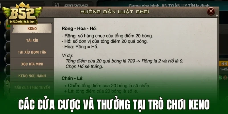 Các cửa cược và thưởng tại trò chơi keno