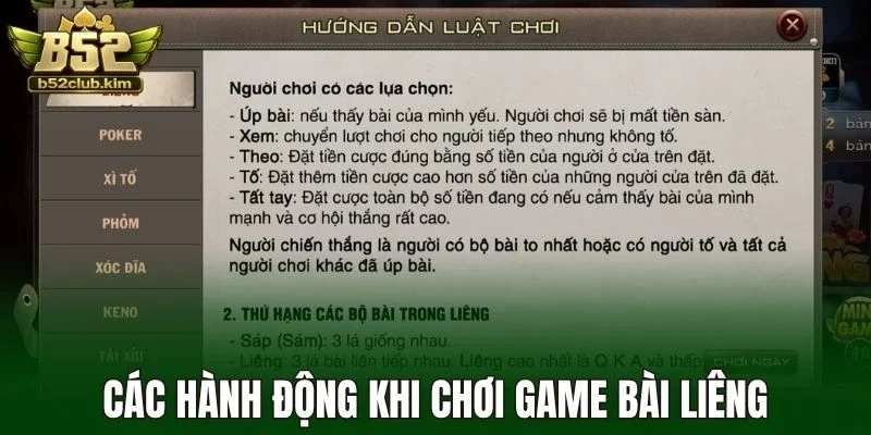 Các hành động khi chơi game bài liêng
