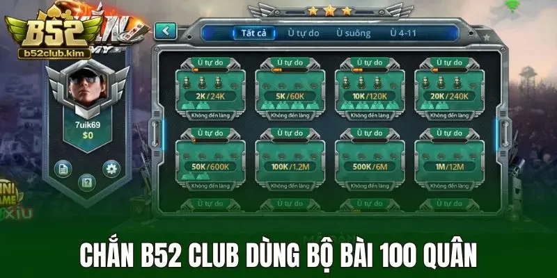 Chắn B52 Club dùng bộ bài 100 quân