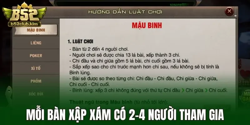 Mỗi bàn xập xám có 2-4 người tham gia